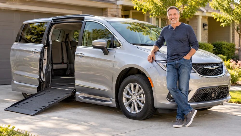 Vehicle owner beside a wheelchair accessible van.