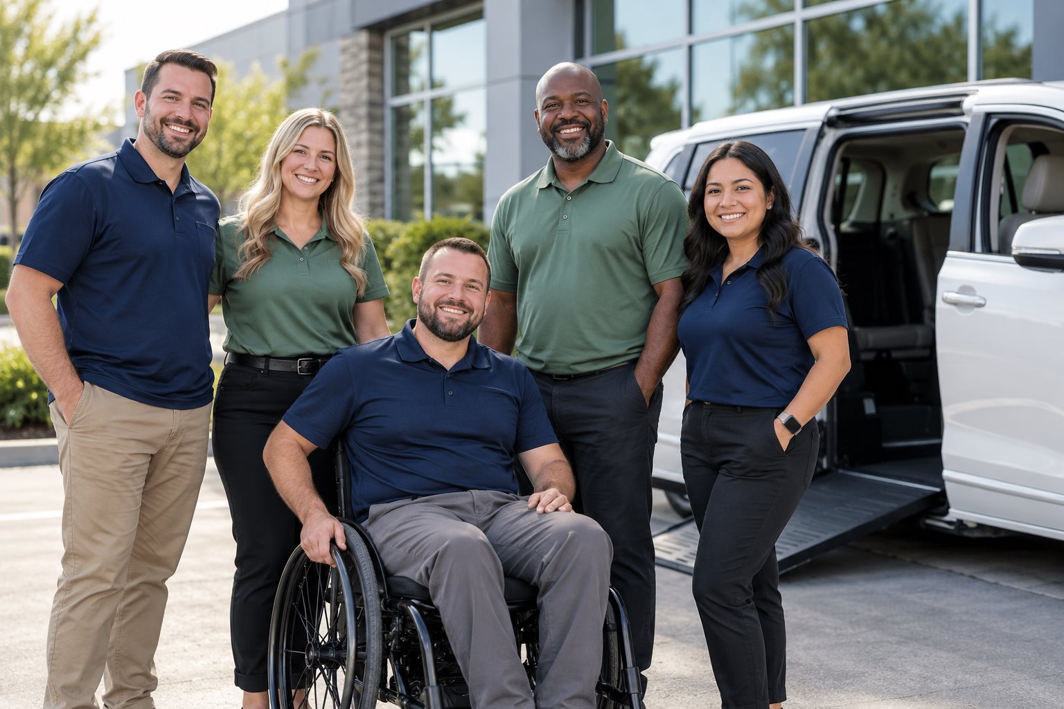 Mobility dealership team beside an accessible vehicle
